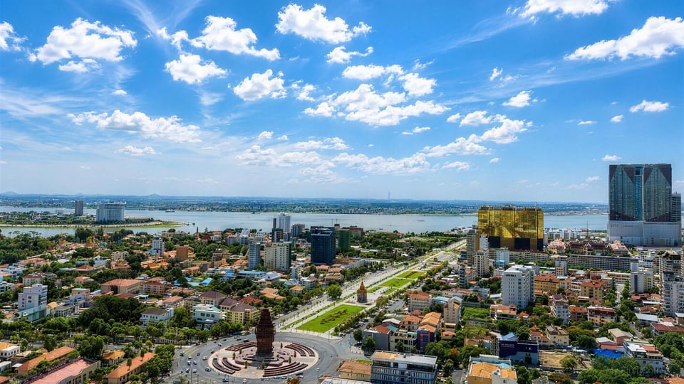 Aerial view of Phnom Penh skyline along the Tonle Sap river
